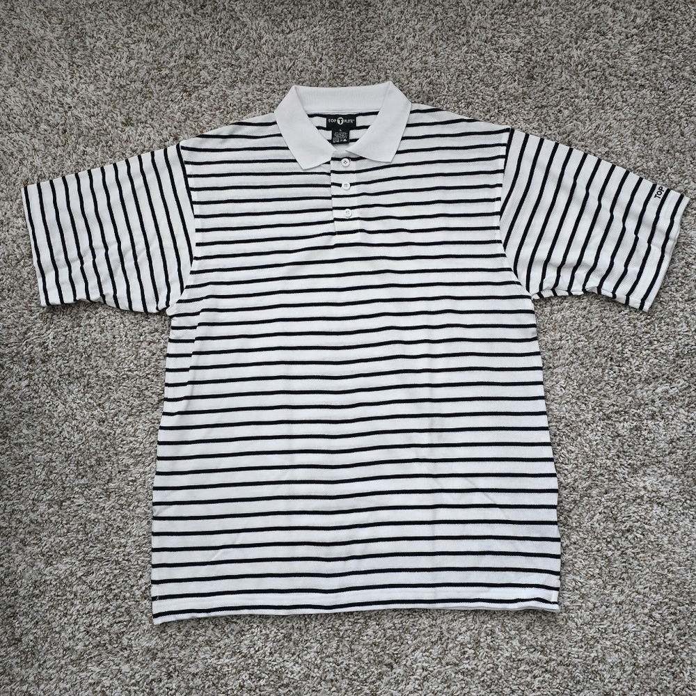 Top Flite Men's Large White and Black Stripped Pique Knit Polo Short Sleeve Shir